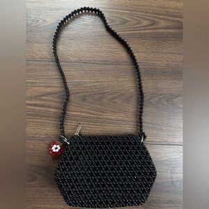 Black Beaded Mini Shoulder Bag Y2K Small Purse w/ Heart Charm